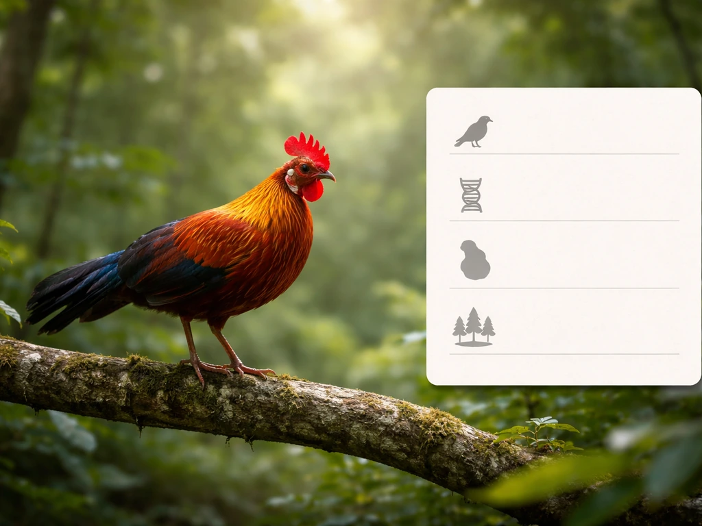 Sri Lankan junglefowl perched on a branch with a small infographic-style reference card of quick facts