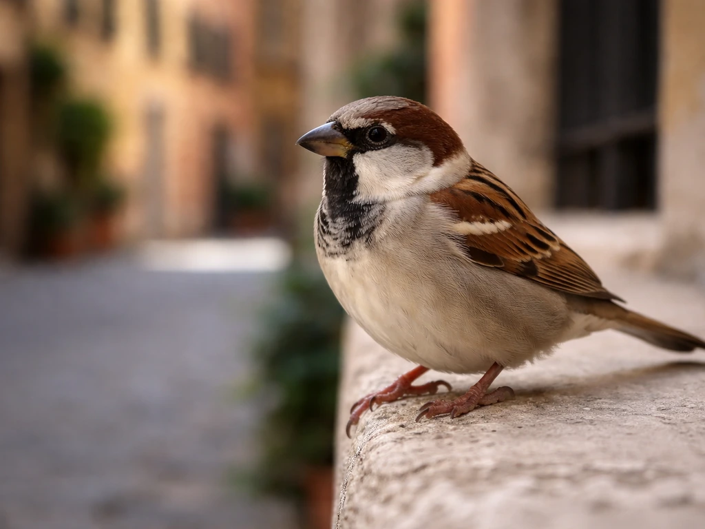 Italian sparrow perched on a small branch against a softly blurred Italian street background.