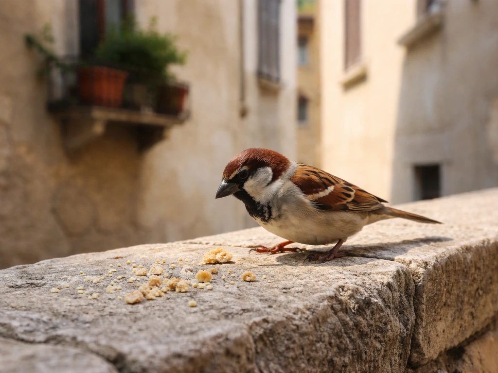 Italian sparrow foraging on a sunlit stone wall near a balcony ledge in an Italian street.