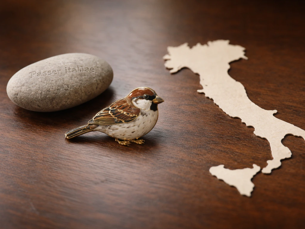 Minimal still life: sparrow pin, subtle “Passer italiae” engraving stone, and a plain Italy silhouette.