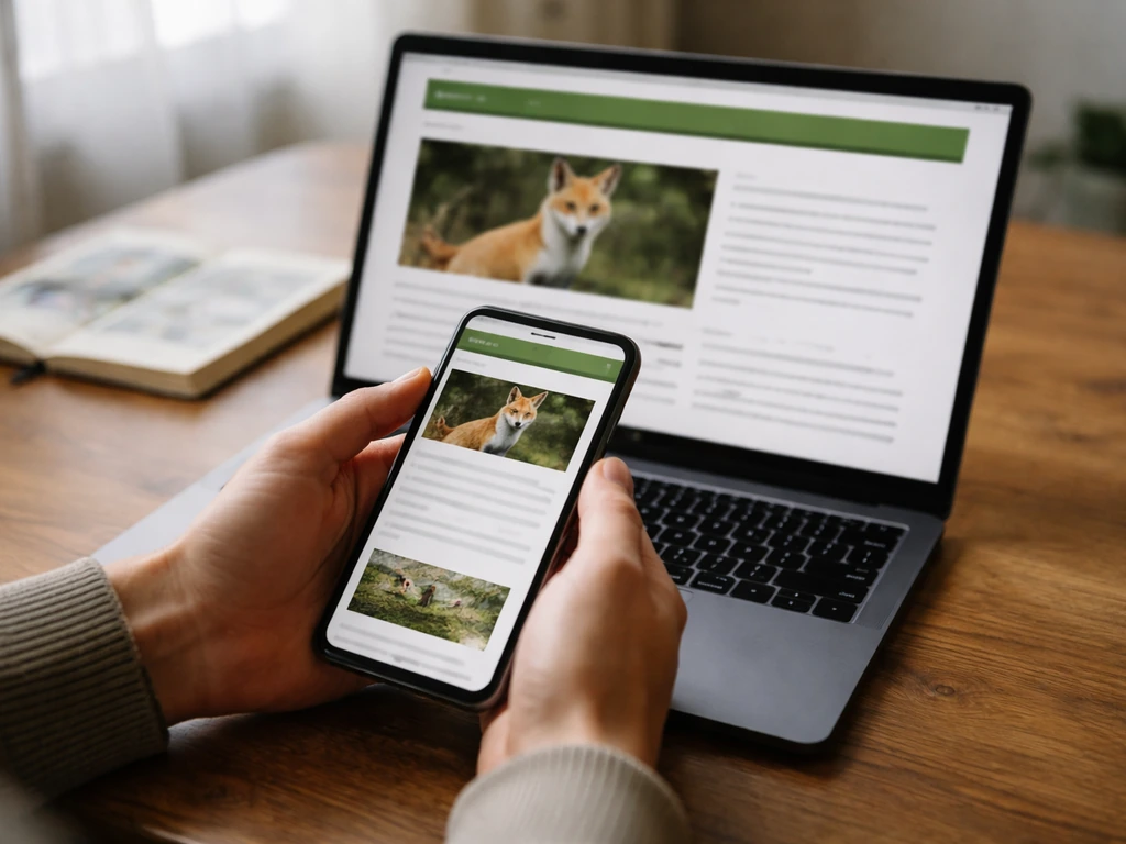Hands using a phone to reference a wildlife species webpage on a laptop, minimal desk scene.